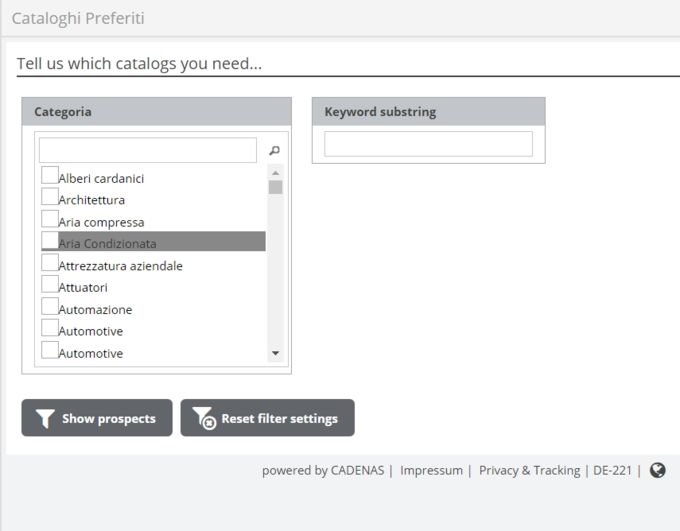 Sono presenti diverse catagorie tra cui scegliere un catalogo o avviare una ricerca per produttore o componente