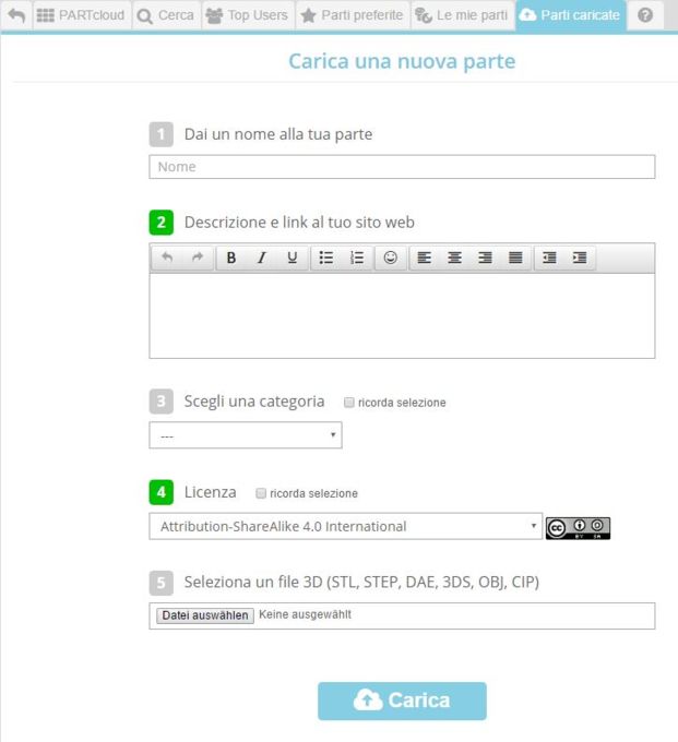 Caricare il componente e riempire i campi con i dati per rendere facilmente accessibili i modelli CAD 3D dagli altri utenti