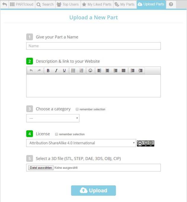 The components are uploaded and the information as well as details filled in so that the 3D CAD model can be found more easily by other users.