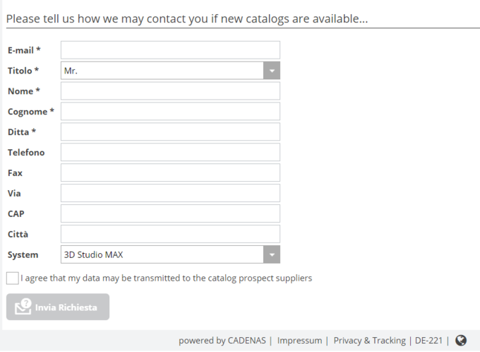 Modulo di contatto per sapere quando il catalogo richiesto è disponibile online sul portale PARTcommunity.